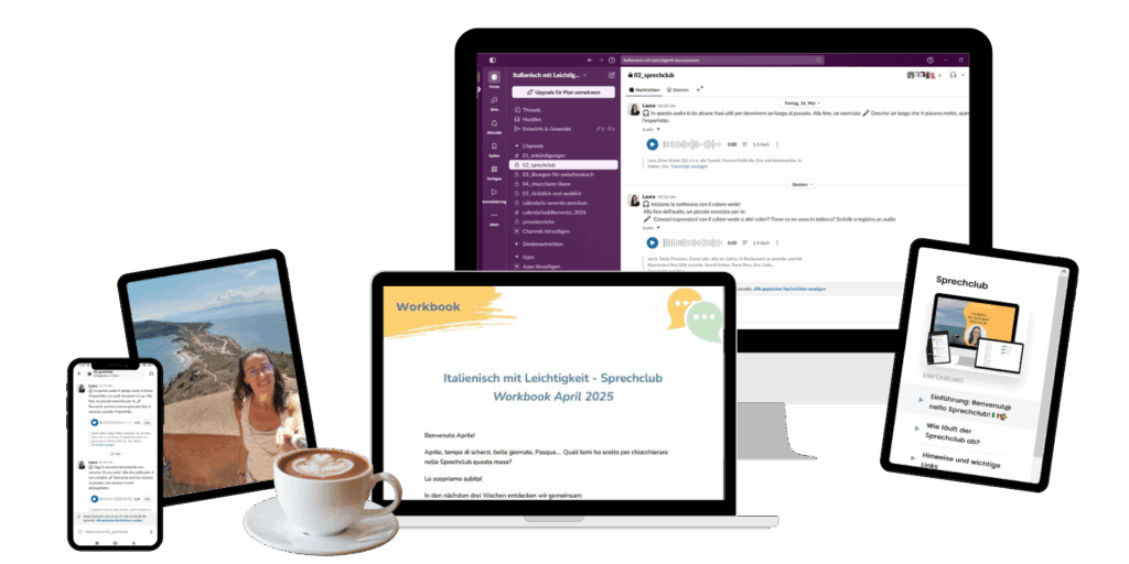 Du möchtest Italienisch endlich aktiv sprechen, statt nur zu üben? Im Sprechclub bekommst du ab Sprachniveau A2 regelmäßige Sprechimpulse, Mini-Übungen und individuelles Feedback – flexibel, alltagstauglich und ohne Druck. In deinem Tempo baust du Sprechsicherheit auf und gewinnst mehr Leichtigkeit im Alltag, auf Reisen oder im Gespräch mit Muttersprachlern. Perfekt für alle, die Italienisch lernen und wirklich ins Sprechen kommen wollen.